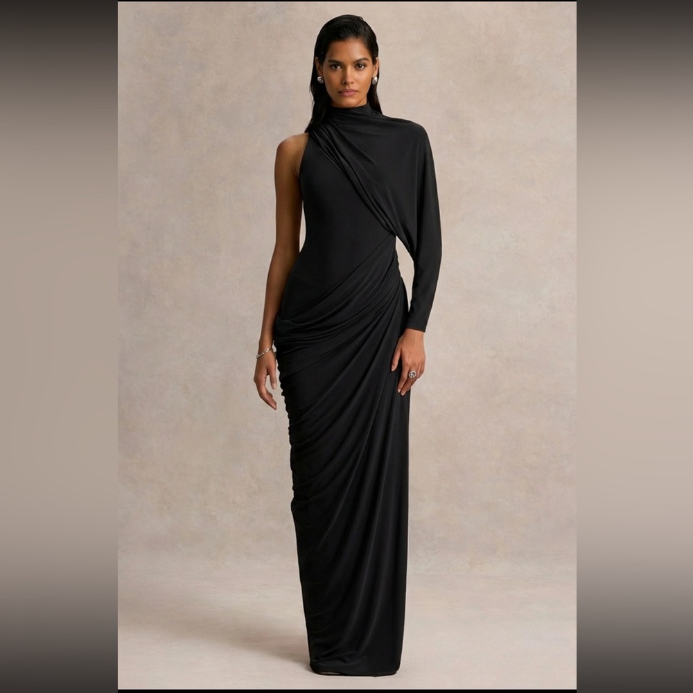 Club London Aphra Black High Neck Maxi Dress With Cape Sleeve
